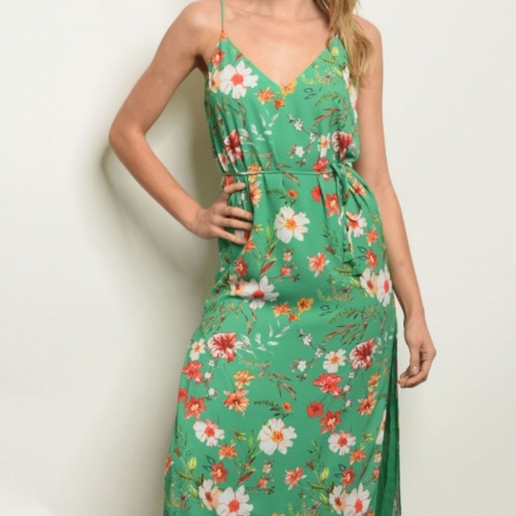 NEW Beautiful Floral Print Spring Summer MIDI Dress With High Slit - Picture 3 of 3
